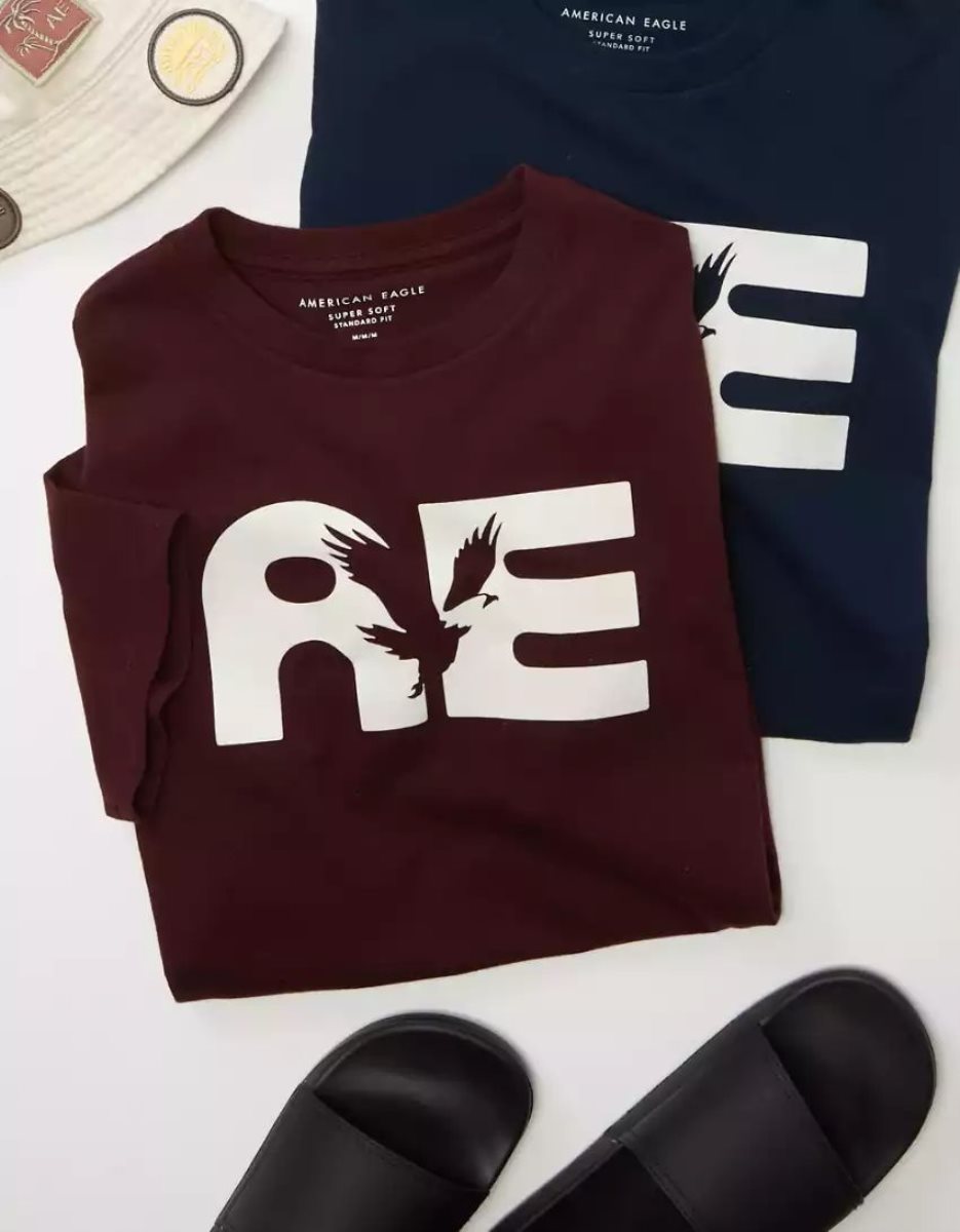 T Shirt Graphique American Eagle AE Super Soft Logo Bordeaux Homme | VHU-72403459